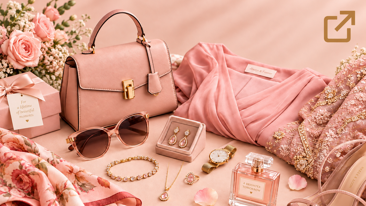 A styled flat-lay of pink fashion accessories and jewelry on a soft blush background, including a blush pink handbag, sunglasses, rings, earrings, a perfume bottle, lipstick, flowers, and draped satin fabric.