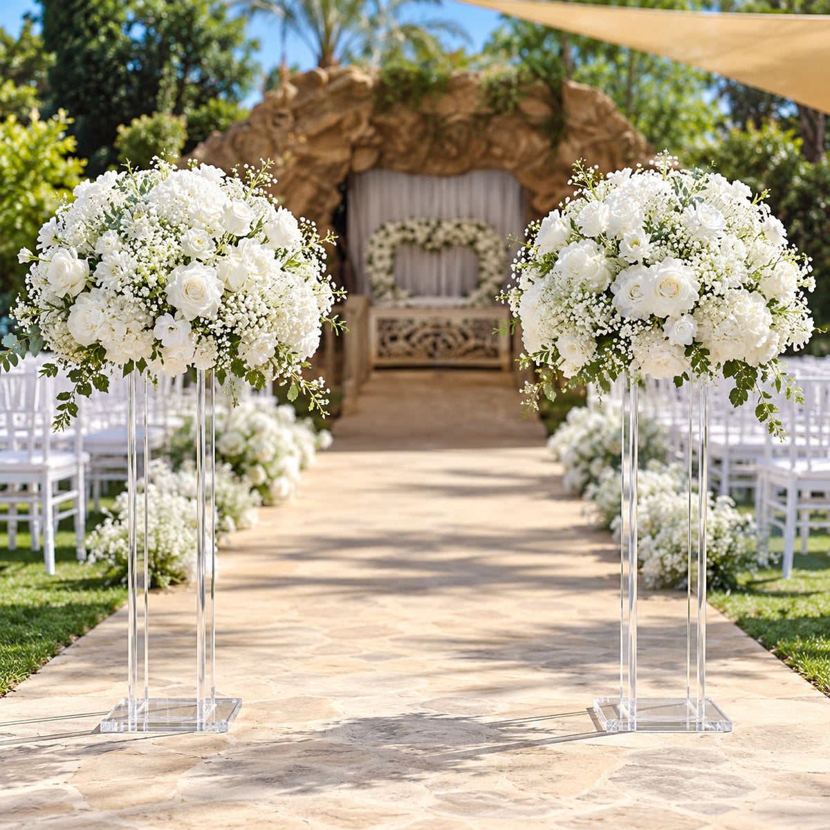 Clear Acrylic Aisle Stands with Oversized Floral Spray – Set of Two