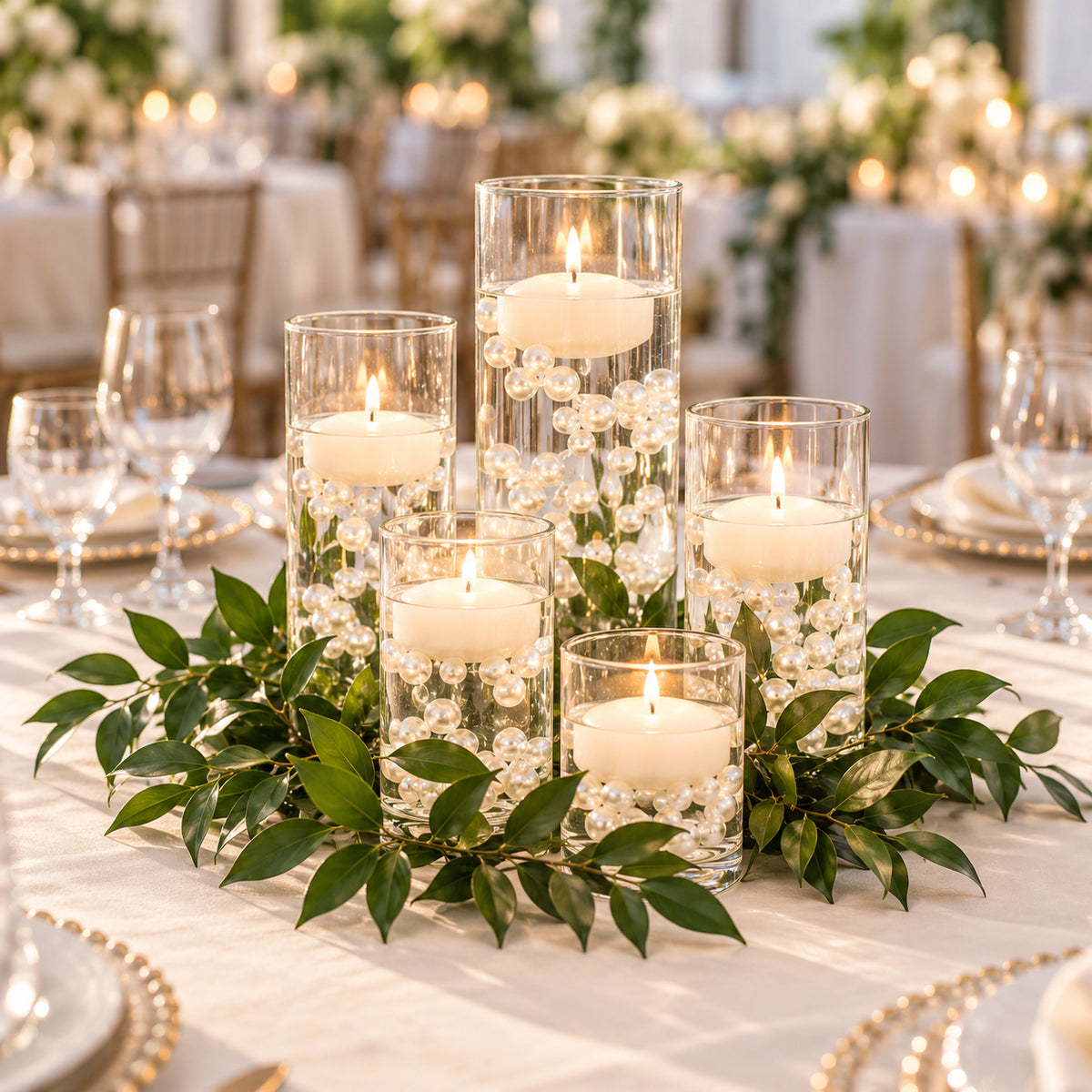 Cylinder Vases with Floating Pearls and Candles – Set of Five