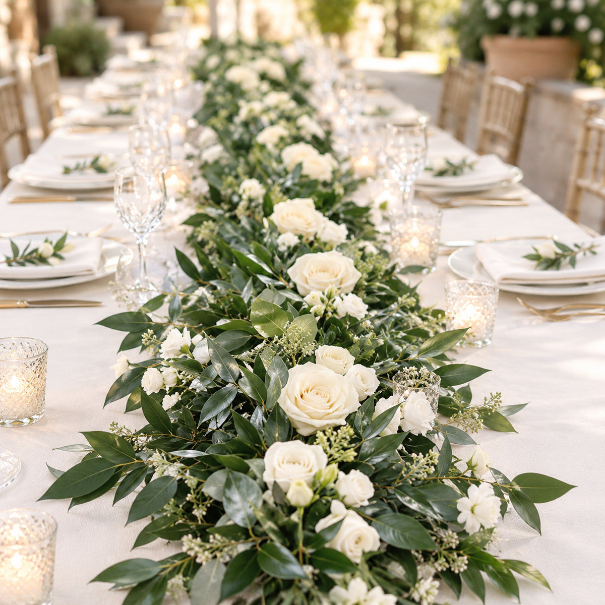 Foliage and White Flowers Table Runner