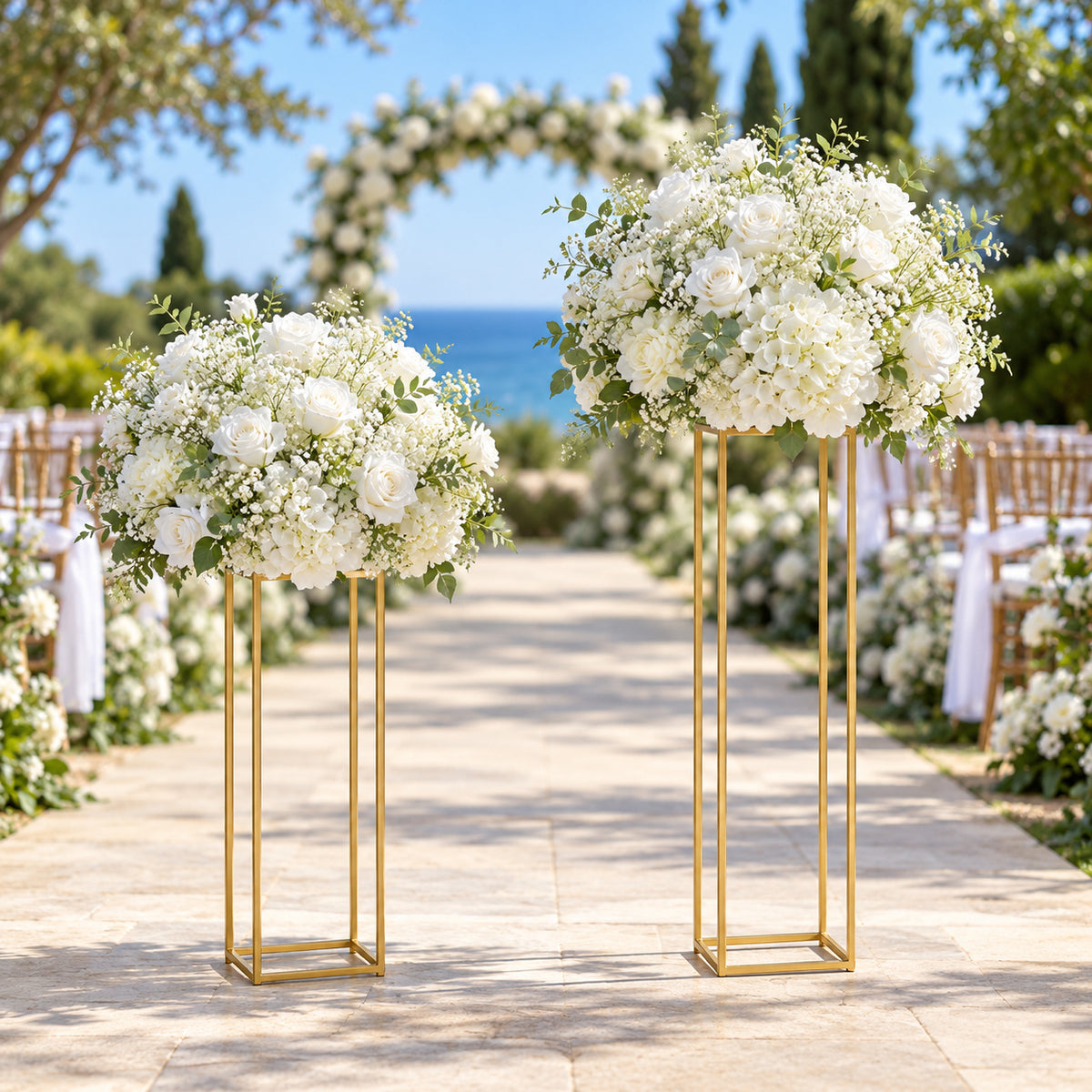 Gold Aisle Stands with Flower Arrangements – Set of Two