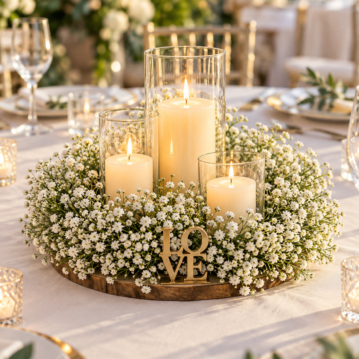 Gypsophila Cylinder Vases with Wooden LOVE Base