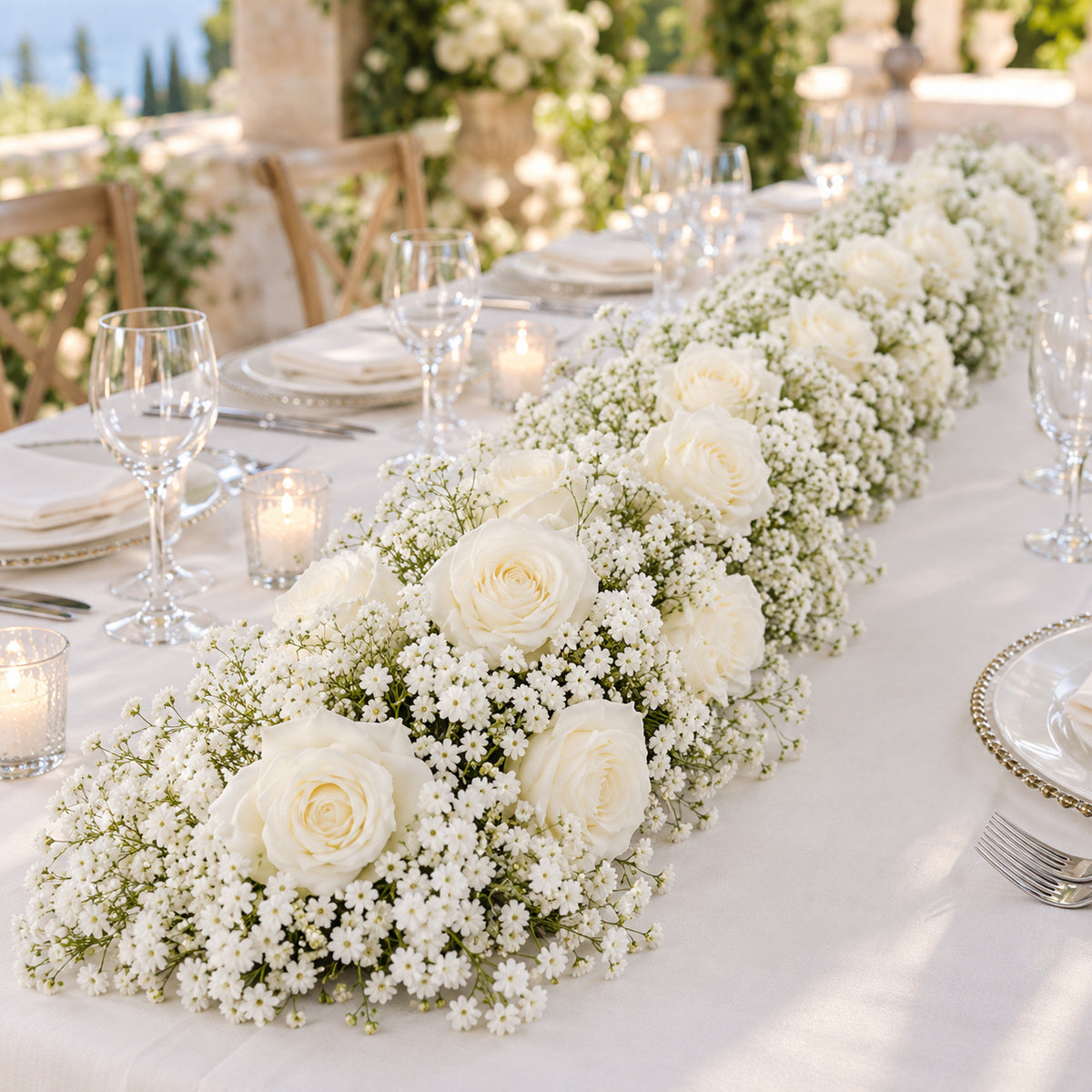 Gypsophila and White Rose Table Runner