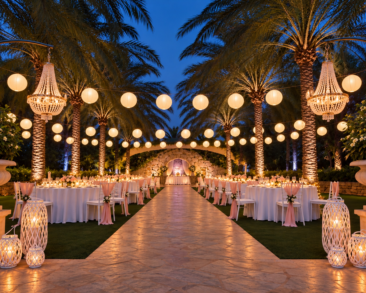 Venue Fairy Lights and Palm Tree Uplights