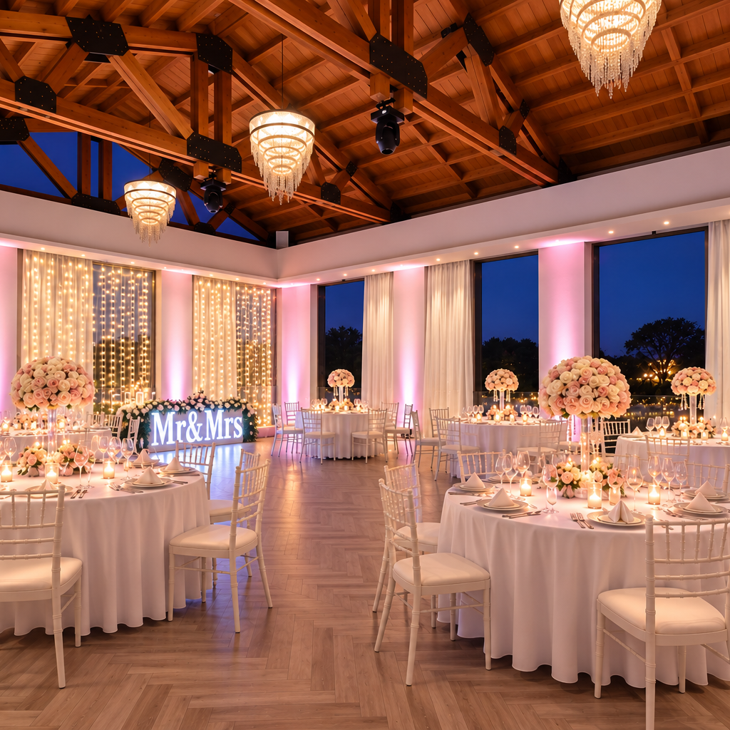 Fairy Lights Behind Top Table and Uplights