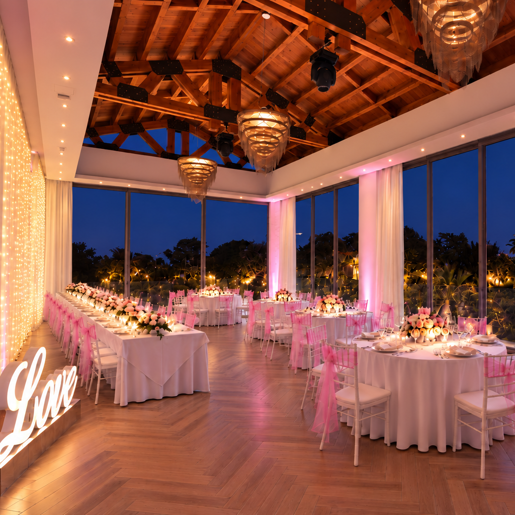 White Drapes with Fairy Lights and Uplights