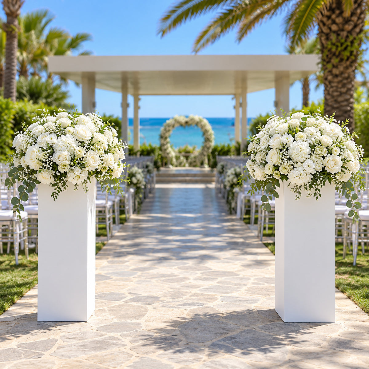 White Aisle Stands with Oversized Floral Spray – Set of Two