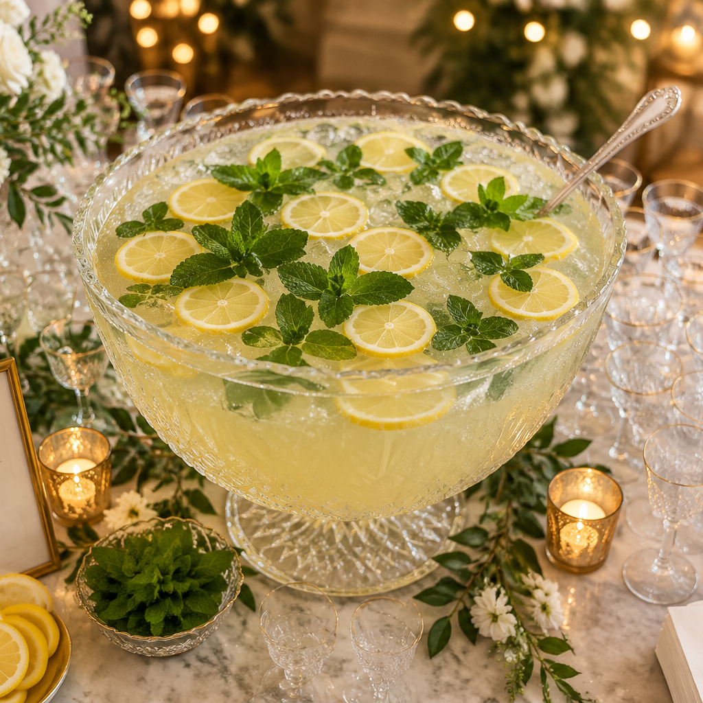 A large clear glass punch bowl filled with pale yellow lemonade and topped with mint leaves and lemon slices, set on a decorated event table with glasses, candles, flowers, and a sign reading 'Lemonade Fresh Mint Punch'.
