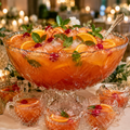 A large crystal punch bowl filled with orange-red iced punch, garnished with mint leaves, orange slices, and cherries, set on a table with matching punch cups and floral decor in a softly lit event setting.