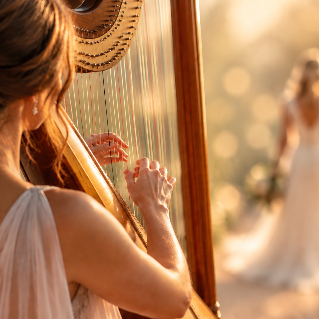 Harpist performing beside a bride at a wedding ceremony