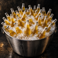 A metal bucket filled with crushed ice and numerous clear glass beer bottles containing golden liquid, photographed against a dark textured background.