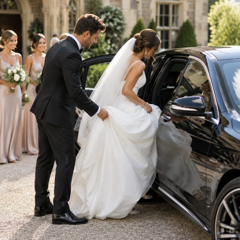 A bride in a white wedding gown and veil gets into a black car while a groom in a black suit helps hold her dress. Wedding guests and a stone building are visible in the background.