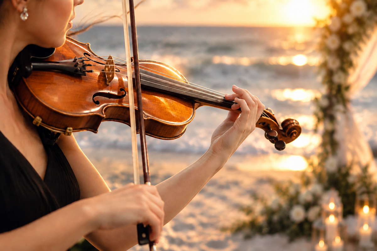 Violinist performing beside the sea at sunset