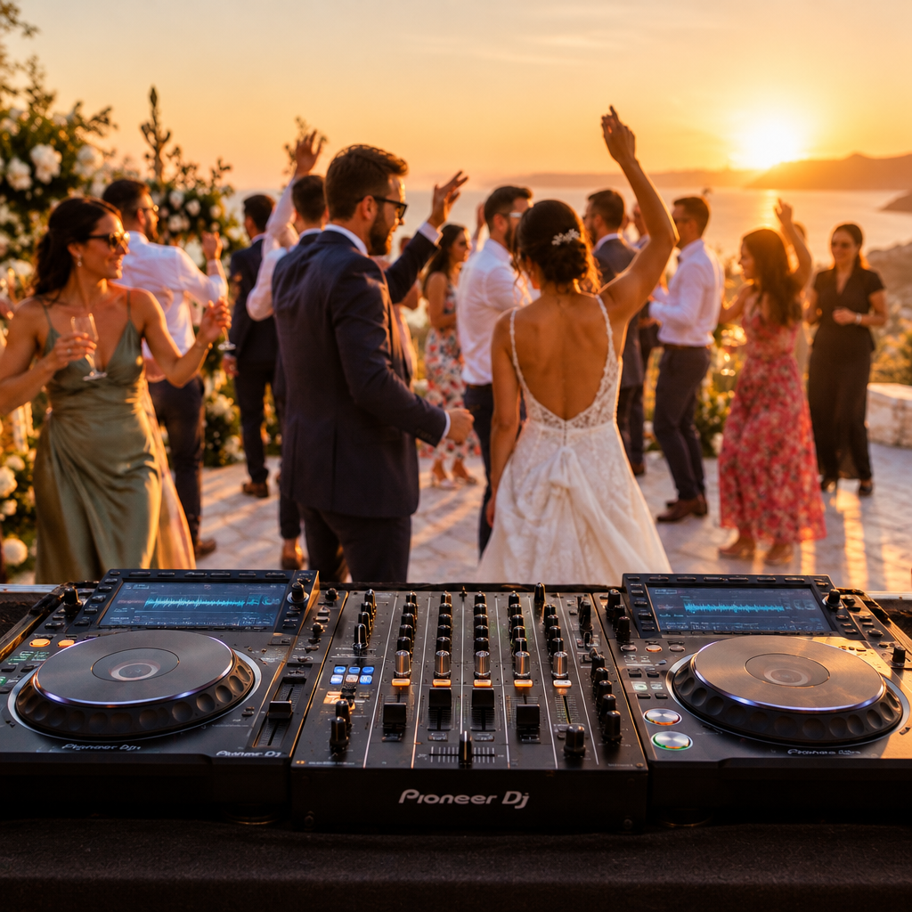 Wedding guests dancing at sunset with DJ decks in the foreground